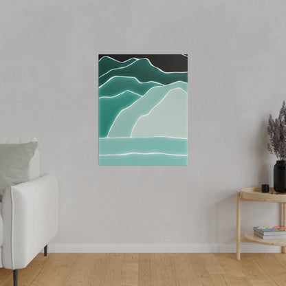 Vertical abstract teal mountain landscape print with white contour lines mounted on a light gray wall.