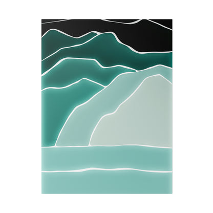 Abstract coastal scene with layered teal mountains outlined in white against a black sky and pale turquoise sea.