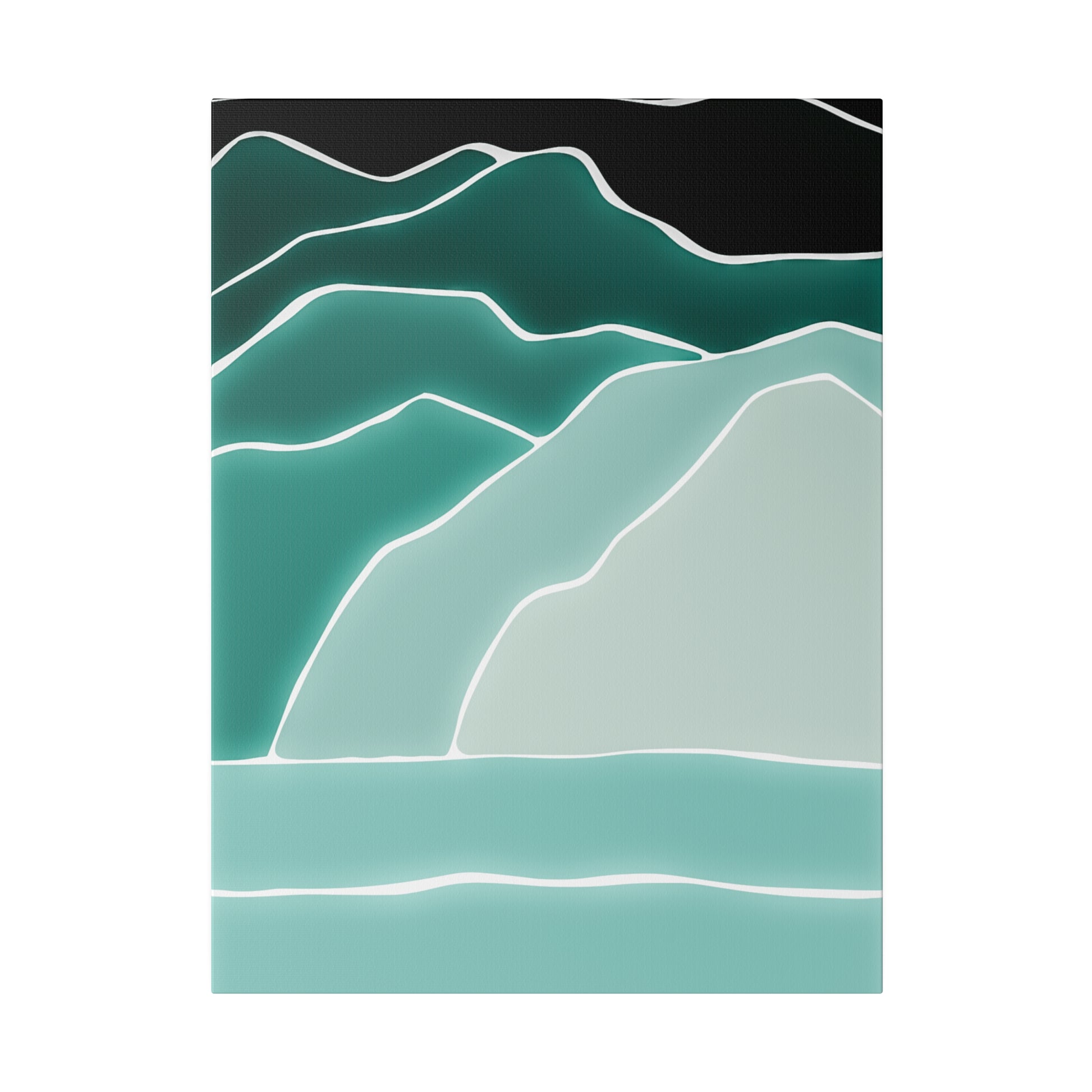 Abstract teal mountain landscape with layered green-teal hills outlined in white against a dark top.