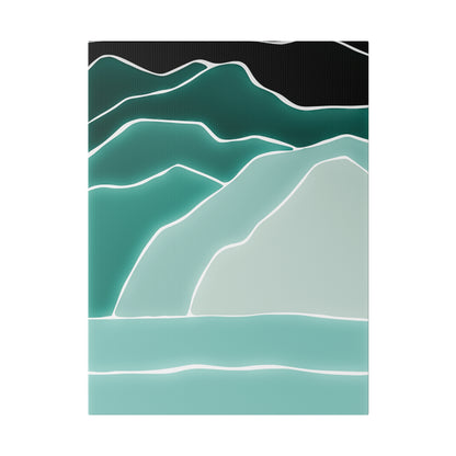 Abstract teal mountain landscape with layered green-teal hills outlined in white against a dark top.