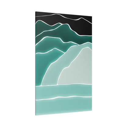 Abstract landscape painting of layered teal mountains with white contour lines on a black sky.