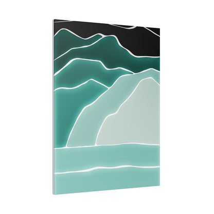 Abstract landscape artwork showing layered teal mountains with white contour lines against a black sky.
