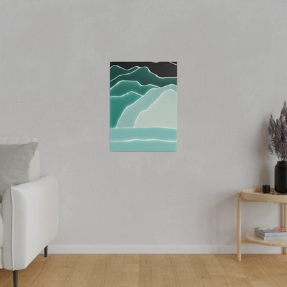Abstract teal mountain landscape print with layered turquoise hills on a light gray wall in a minimal living room.