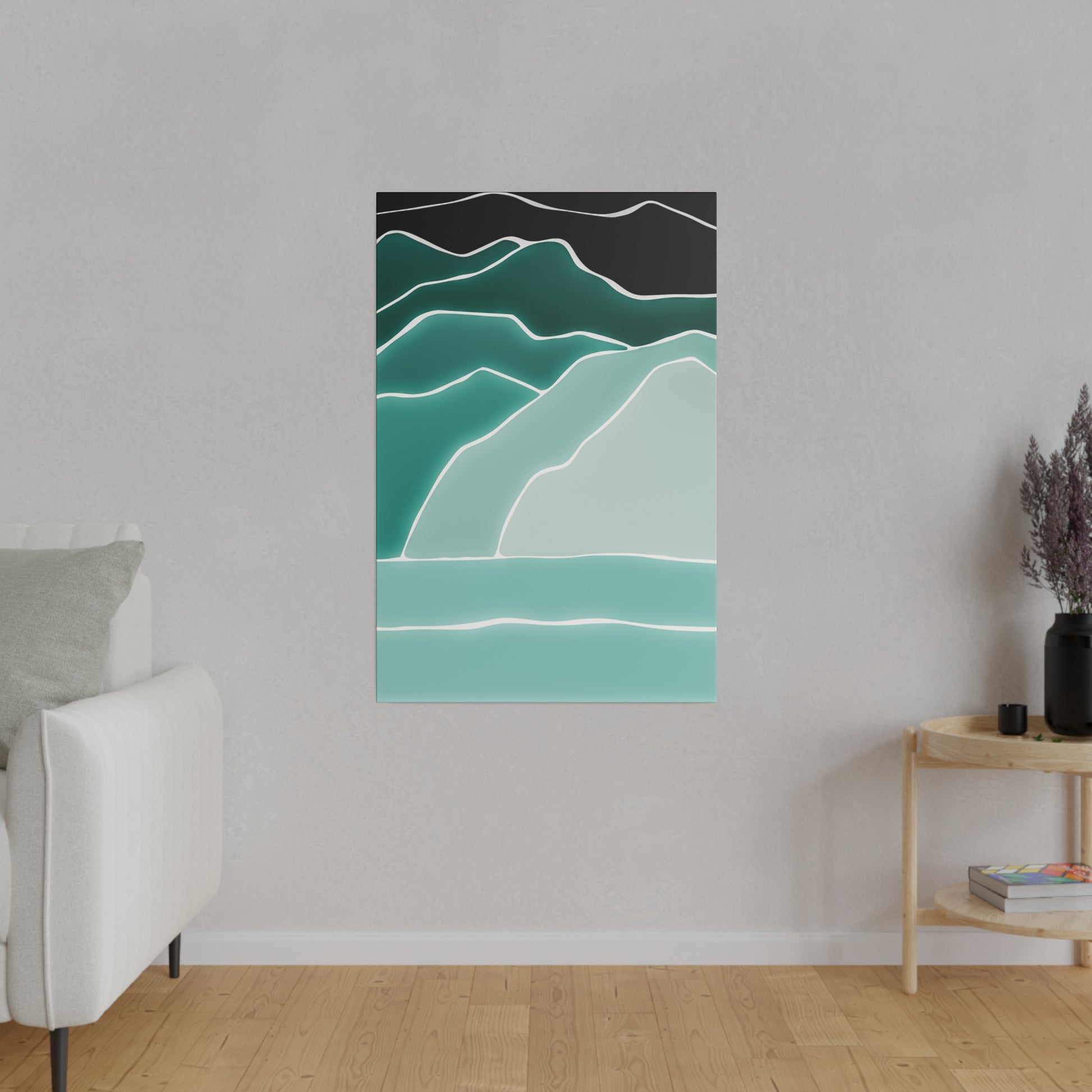 Vertical abstract artwork depicting stylized teal mountains with white outlines against a black sky.