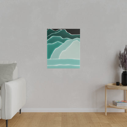 Abstract teal mountain landscape painting with white contour lines, mounted on a light gray wall.