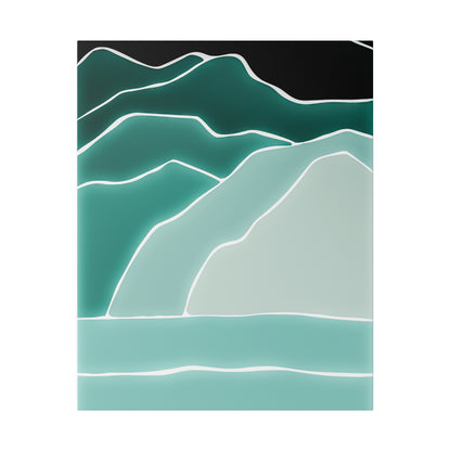 Abstract landscape poster with layered teal mountains outlined in white against a black sky and turquoise sea at the bottom.