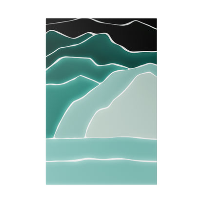 Abstract landscape with overlapping teal hills outlined in white, black sky at top and pale turquoise water at bottom.