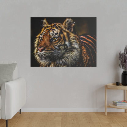 Close-up portrait of an orange tiger with black stripes, facing left, mounted as wall art.