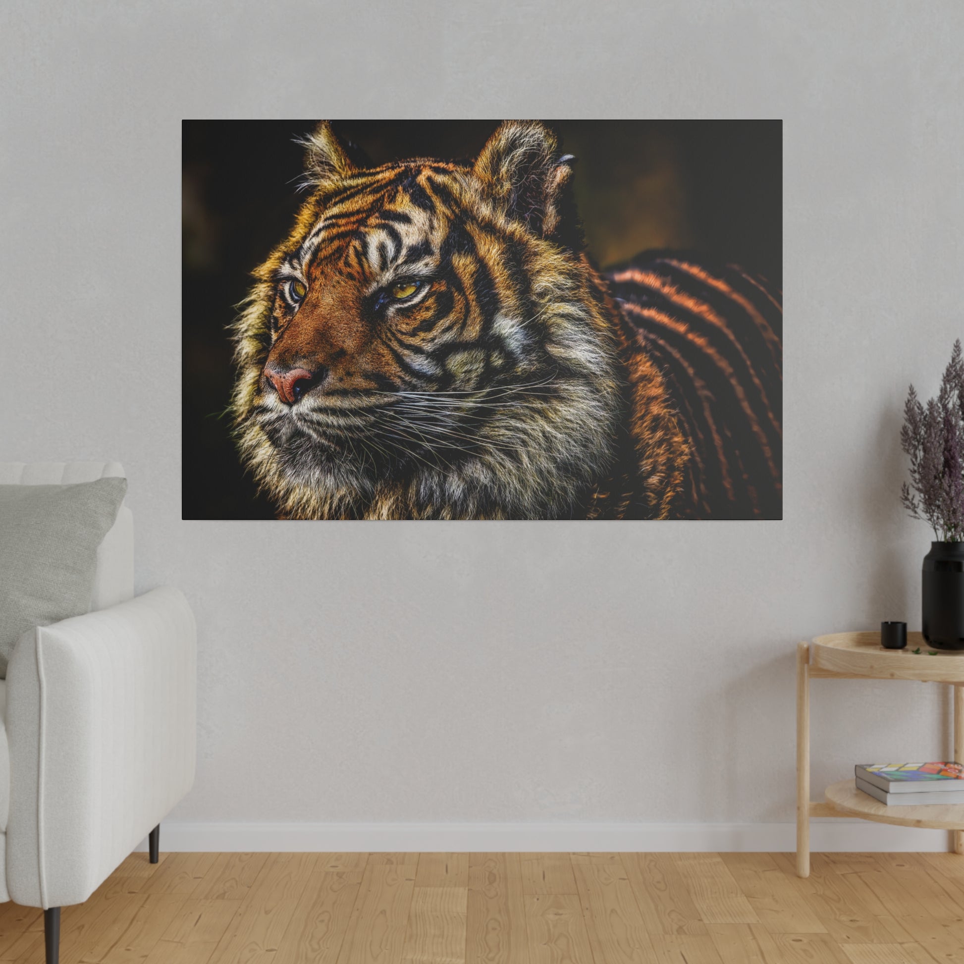 A majestic tiger portrait highlighting the intricate patterns of its fur and the intensity in its eyes. The close-up view captures the tiger's powerful nature.