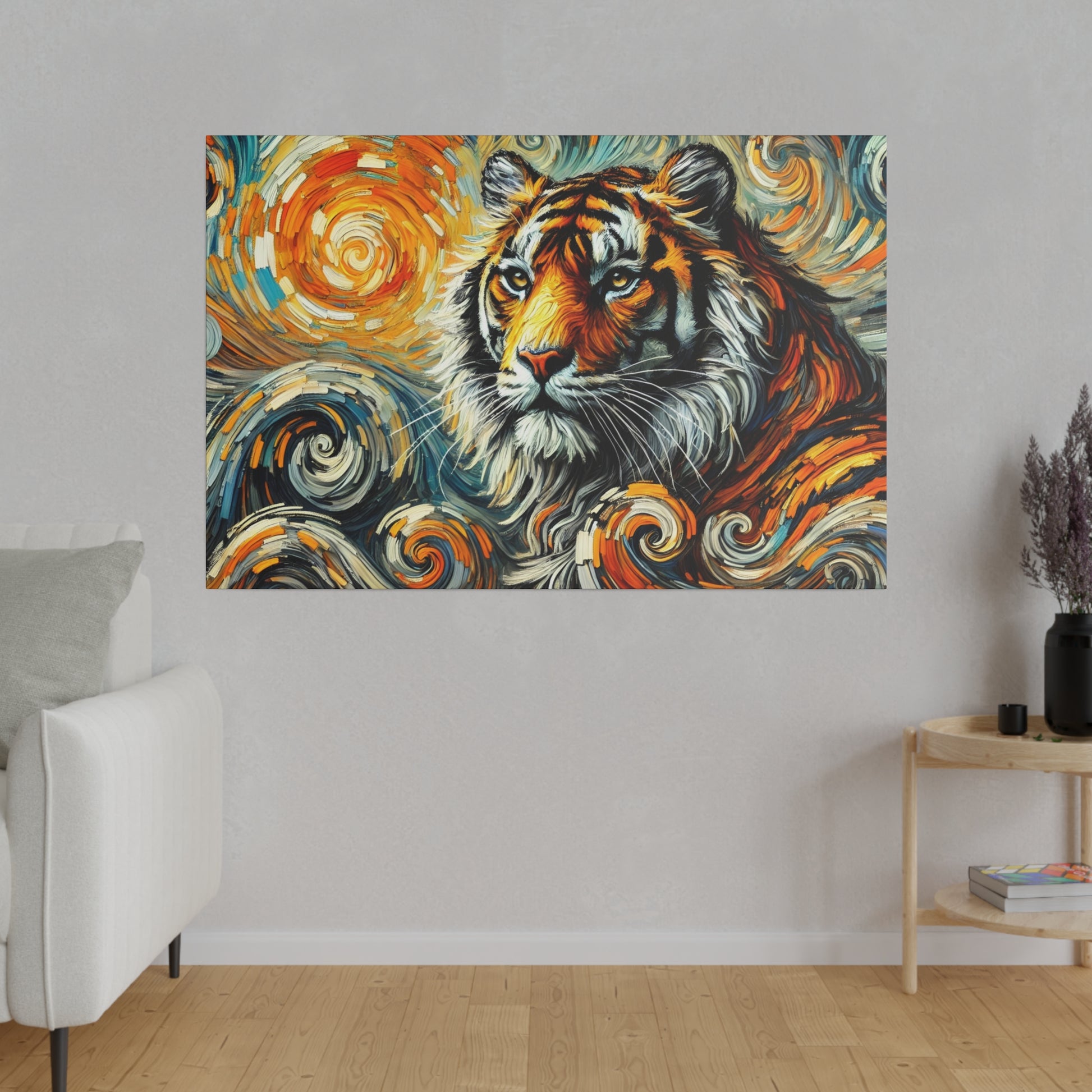 Colorful abstract painting of a tiger's face with orange, black, and white fur and swirling orange and blue background on a wall.