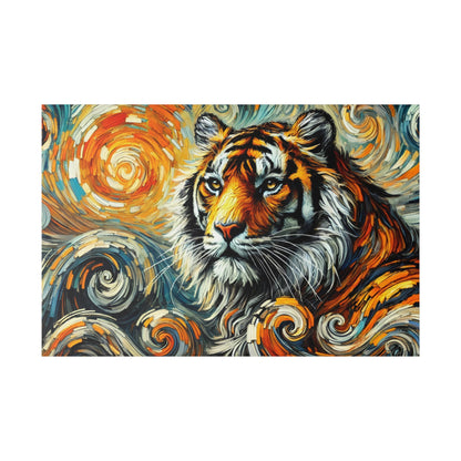 Colorful painting of a tiger's head with orange, black, and white fur, set against swirling blue, orange, and cream abstract patterns.
