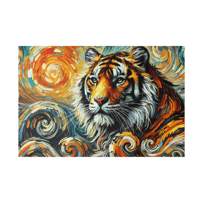 Oil painting of a tiger's head with orange, black, and white fur against a swirled blue, orange, and yellow background.