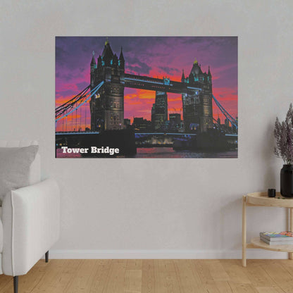 Canvas print of Tower Bridge at sunset with purple, pink, and orange sky; "Tower Bridge" text in white at bottom left.