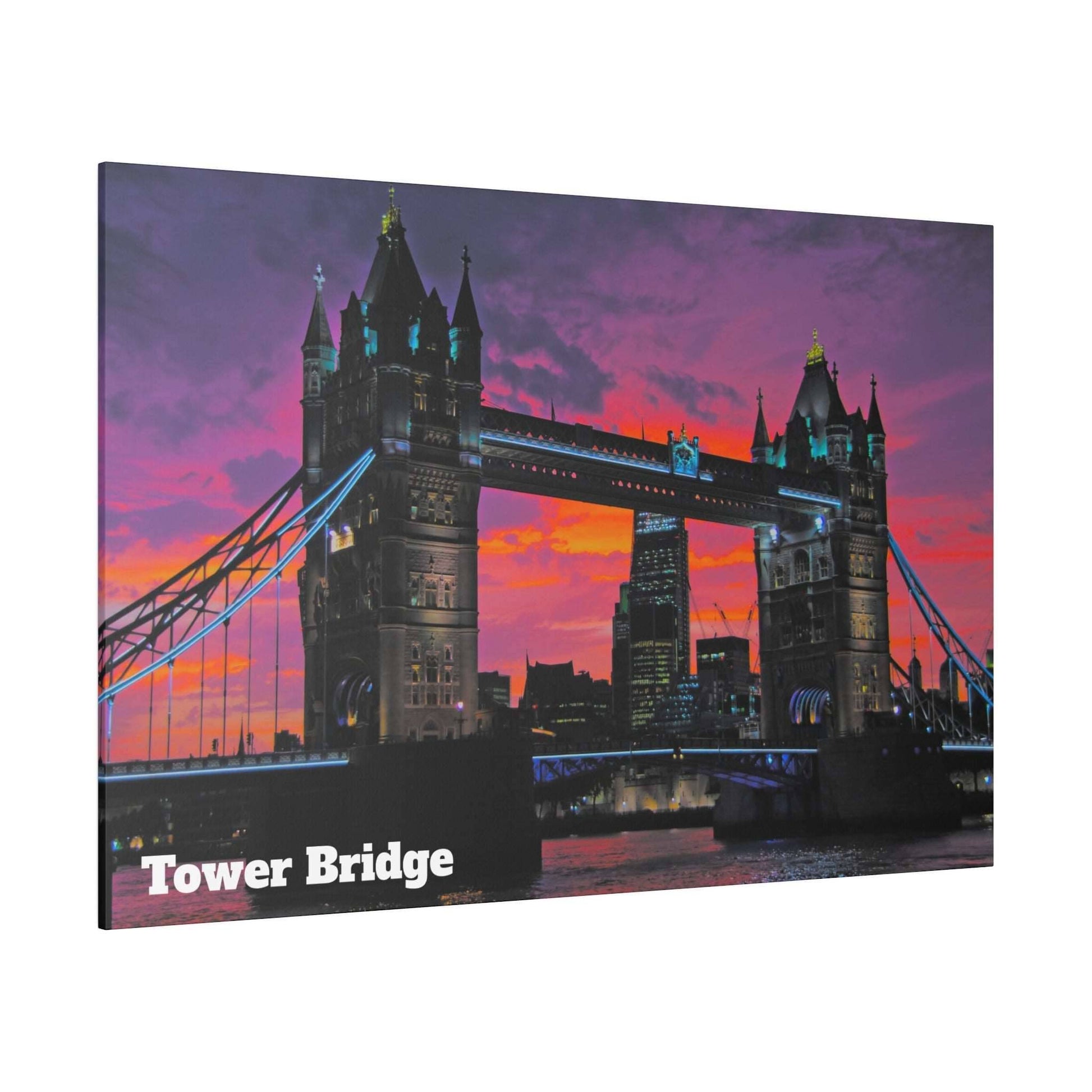 Tower Bridge photo canvas with purple sunset sky, orange horizon, and illuminated blue suspension cables between the stone towers.