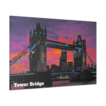 Tower Bridge photo canvas with purple sunset sky, orange horizon, and illuminated blue suspension cables between the stone towers.