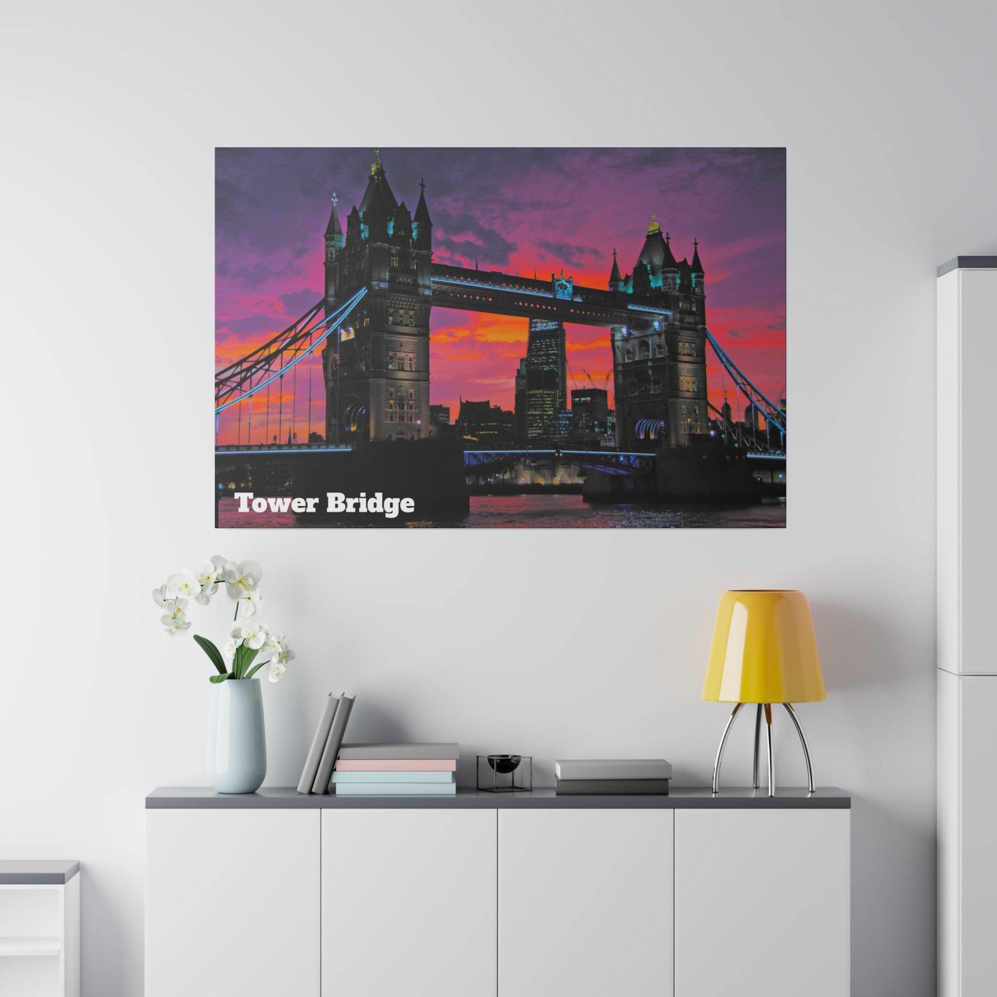 Tower Bridge canvas print with a purple-orange sunset sky and lit towers, text 'Tower Bridge' in white.