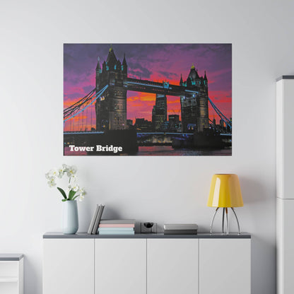 Tower Bridge canvas print with a purple-orange sunset sky and lit towers, text 'Tower Bridge' in white.