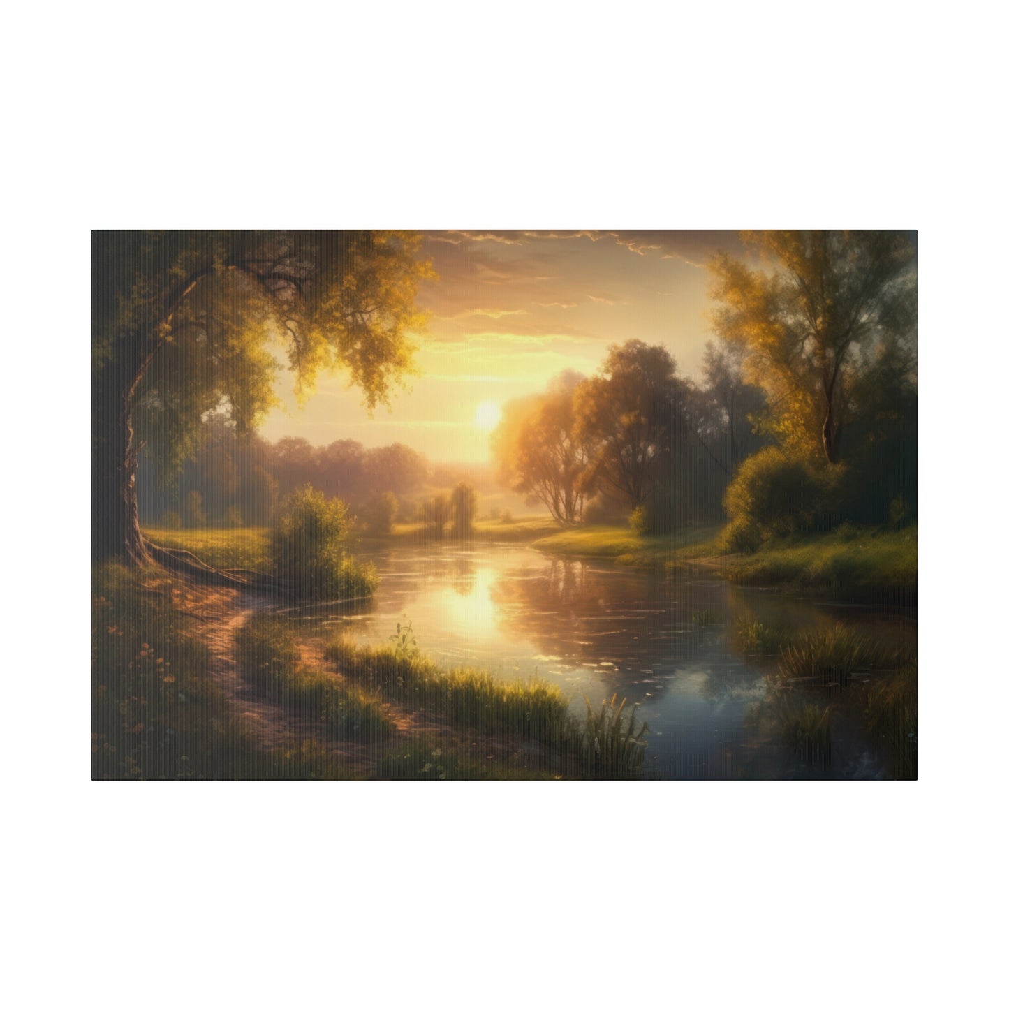 A tranquil evening river scene with golden sunset reflections on the water, surrounded by lush trees. The calm landscape offers a serene and peaceful environment perfect for a quiet evening stroll.