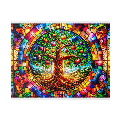 Colorful circular stained-glass mural of a twisting tree with green leaves and red apples, surrounded by a mosaic border.