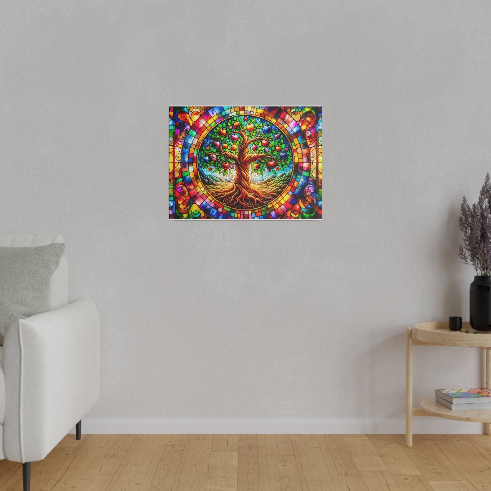 Colorful circular stained-glass wall art featuring a vibrant tree on a gray living room wall.