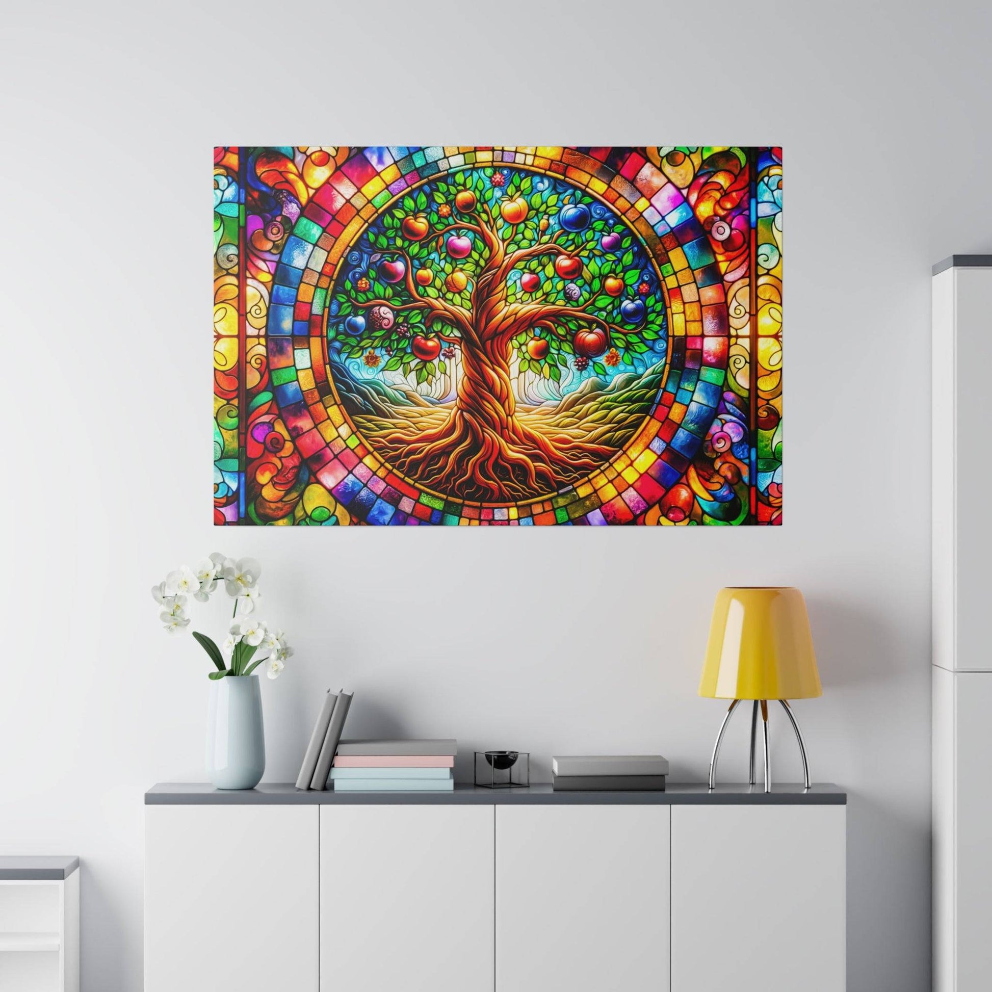 Colorful stained-glass wall art depicting a tree of life with a vibrant circular pattern.