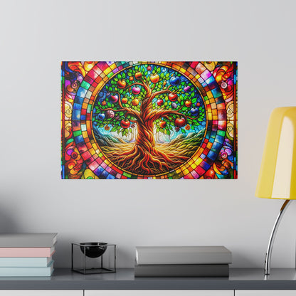 Circular stained-glass style artwork of a twisting tree with colorful fruit and a multicolored mosaic border.