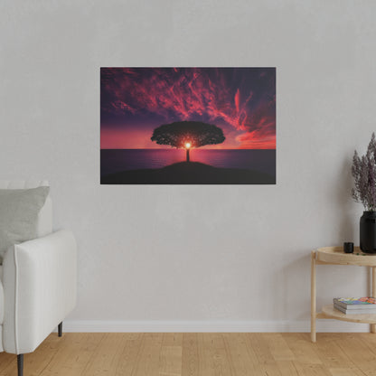 Print of a lone tree on a hill at sunset over the ocean, with a vibrant red and purple sky.