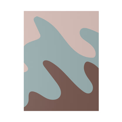Abstract wall art with a pastel pink background and blue and brown amorphous shapes.