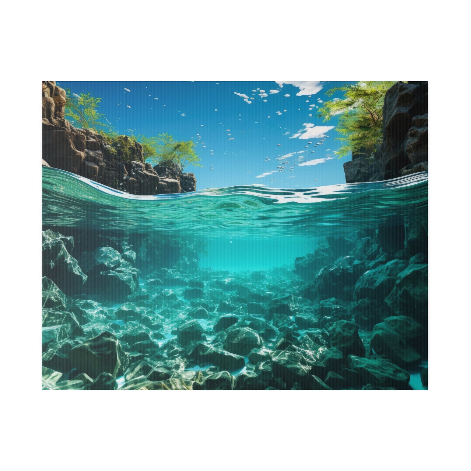Underwater scene of turquoise water with rocky canyon walls and green foliage above, sunlight filtering through.