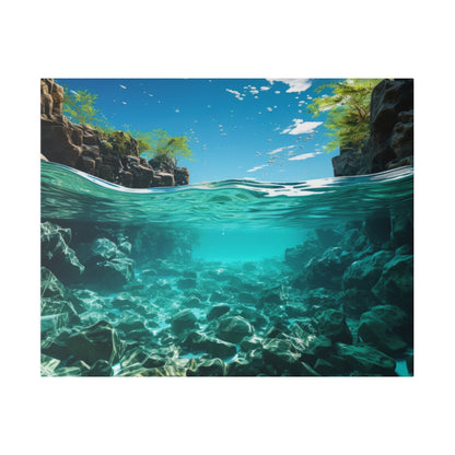 Underwater scene of turquoise water with rocky canyon walls and green foliage above, sunlight filtering through.