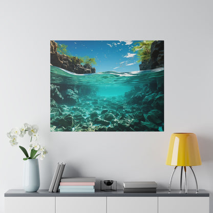 Square wall art showing a split-view: turquoise water above with rocks and greenery, and an underwater rocky seabed below.