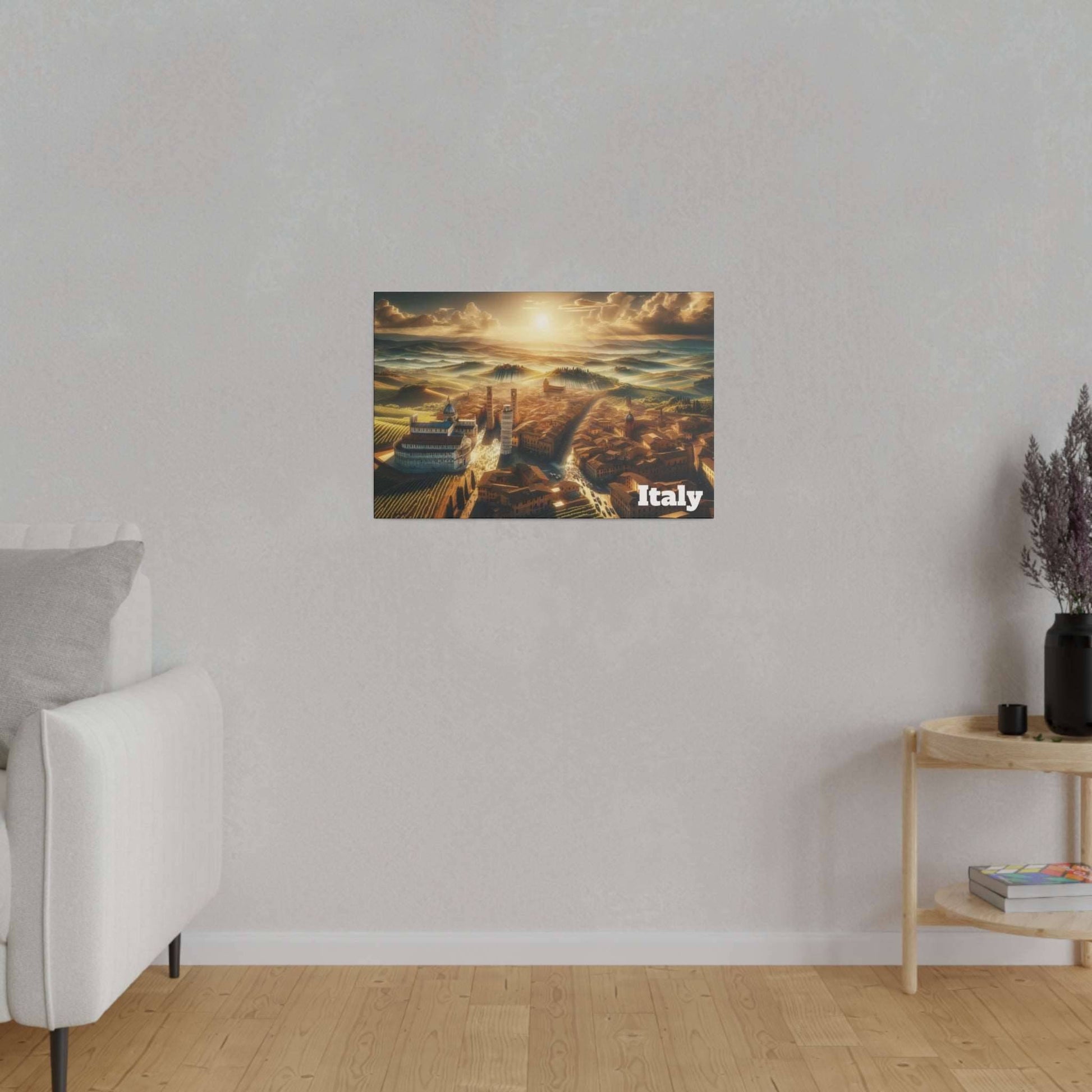 Small canvas print of an Italian landscape at sunset with hills and historic buildings; “Italy” text in the corner.