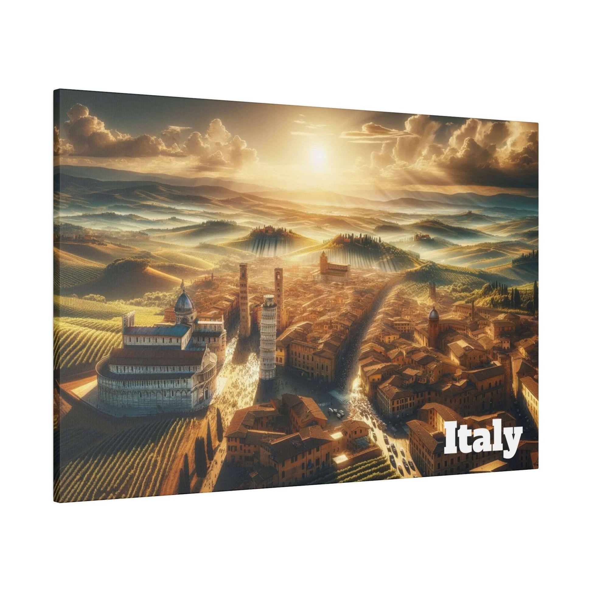 Aerial view of an Italian city with tall towers and a warm sunset over rolling Tuscan hills.