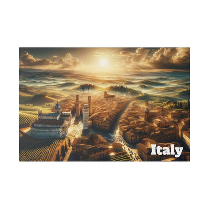 A scenic aerial view of a Tuscan town with domed churches, rolling hills, and a sunset over vineyards in Italy.