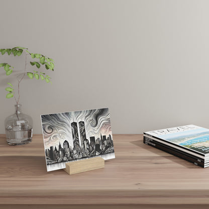 Black and white city skyline illustration card on a small wooden stand, beside a glass vase and a stack of travel magazines on a wooden