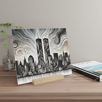 Black-and-white stylized city skyline print with swirling sky, mounted on a wooden stand on a desk beside a glass vase and travel magazines.