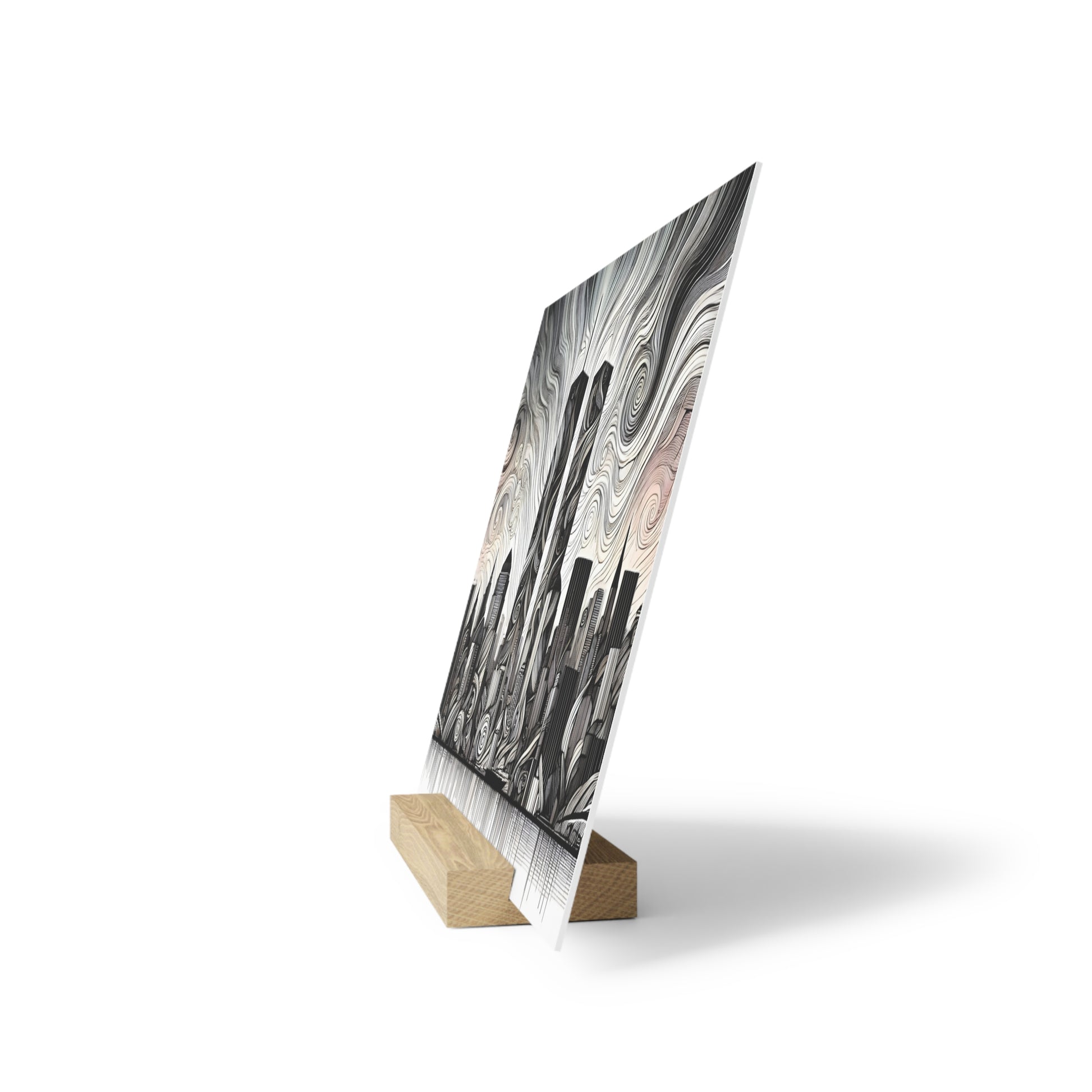 Diagonal print on white board with black and gray swirling abstract pattern, mounted on a small wooden stand.