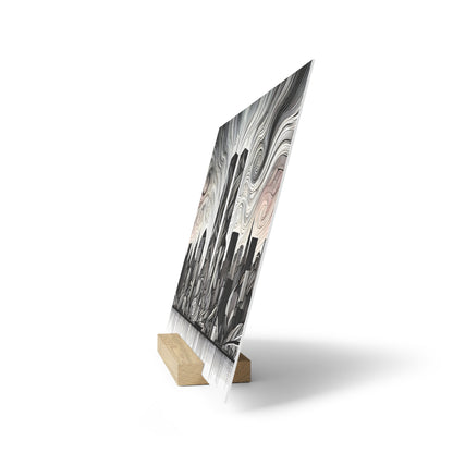 Tilted rectangular art print with black, white and gray swirling pattern on a light wood stand.