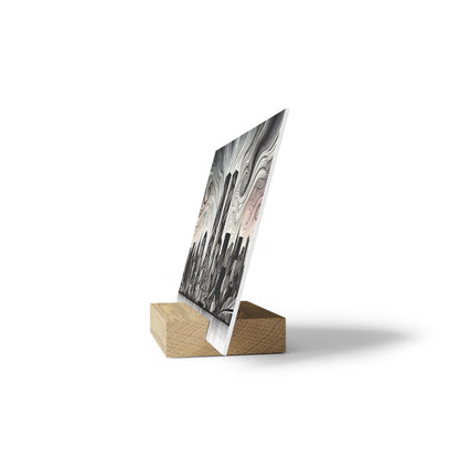 Vertical grayscale abstract print on a wooden block easel, featuring wavy marbled patterns.