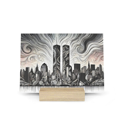 Ink-drawn city skyline with swirling lines and two tall black towers, on a light wood display stand.
