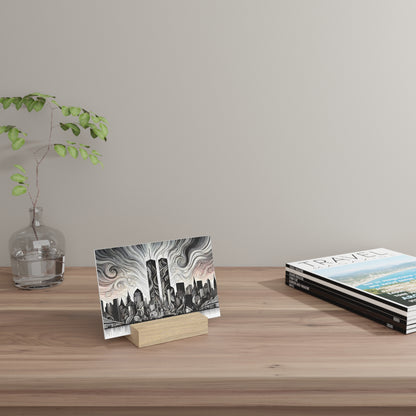 A wooden desk with a glass vase holding a leafy branch on the left, a black-and-white cityscape art print on a wooden block in the center,