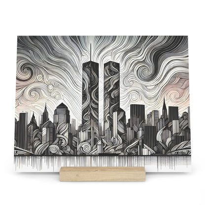 Abstract black-and-white cityscape with swirling patterns on two tall, slim skyscrapers and a detailed skyline.