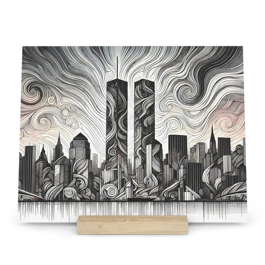 Abstract black-and-white cityscape with swirling patterns on two tall, slim skyscrapers and a detailed skyline.