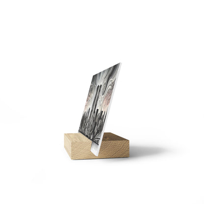 Vertical printed artwork on a light wood block stand, featuring a grayscale abstract skyline with swirling patterns.