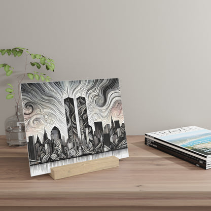 Black-and-white illustrated city skyline card on a wooden stand, set on a light wood desk beside magazines and a glass vase.