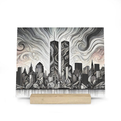 Abstract black-and-white city skyline print with swirling lines and two prominent tall towers, displayed on a light wooden stand.