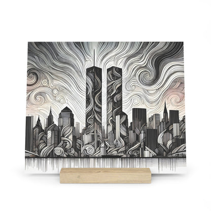 Abstract black-and-white cityscape print with swirling sky and two tall twin towers, mounted on a white frame with a wooden stand.