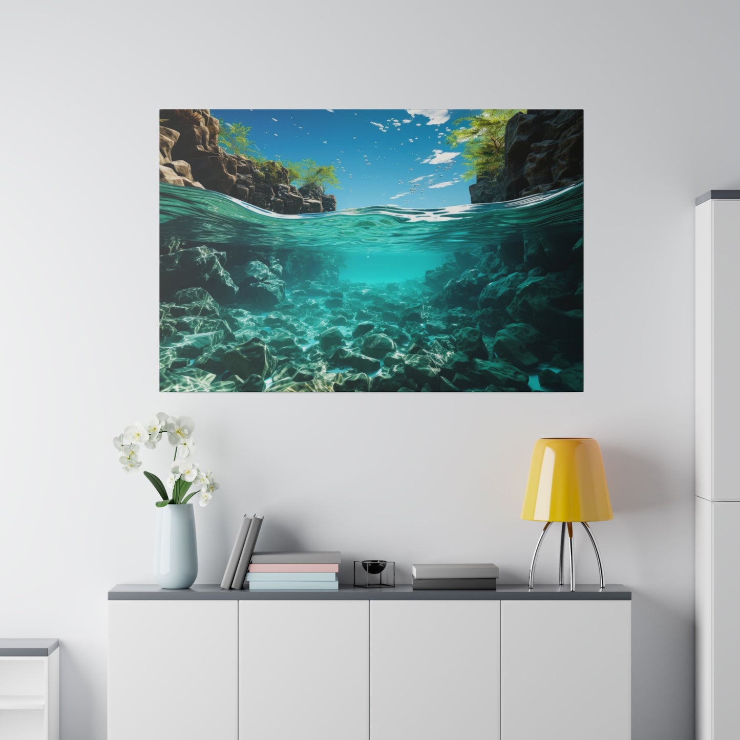 An underwater clarity river scene with clear water, revealing the rocks and plants beneath the surface. The view is tranquil and picturesque.