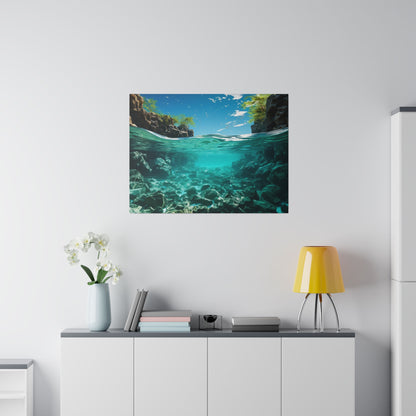 Wall-mounted photograph of an underwater rocky river scene with turquoise water, above a white cabinet.