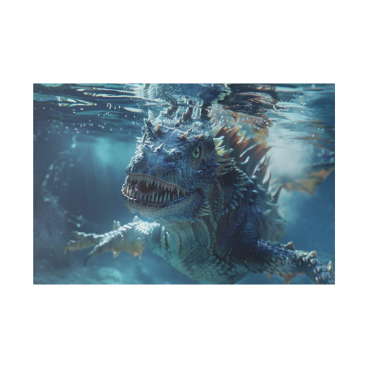 Blue, reptilian dragon with spiky fins and sharp teeth swims underwater toward the camera.